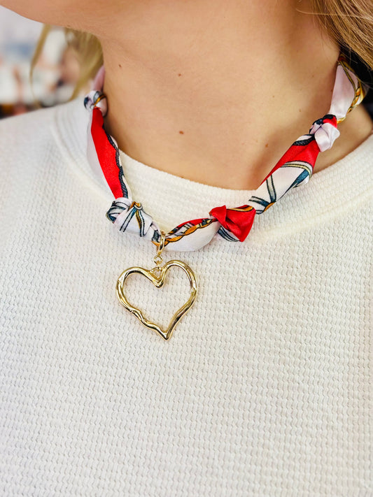 Knotted Scarf Necklace With Hammered Open Heart - Jolie Femme Boutique