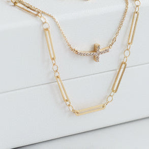 Rhinestone Cross Gold Layered Chain - Jolie Femme Boutique