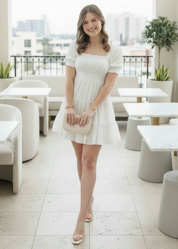 White Square Neck Ruffle Detail Tiered Mini Dress - Jolie Femme Boutique