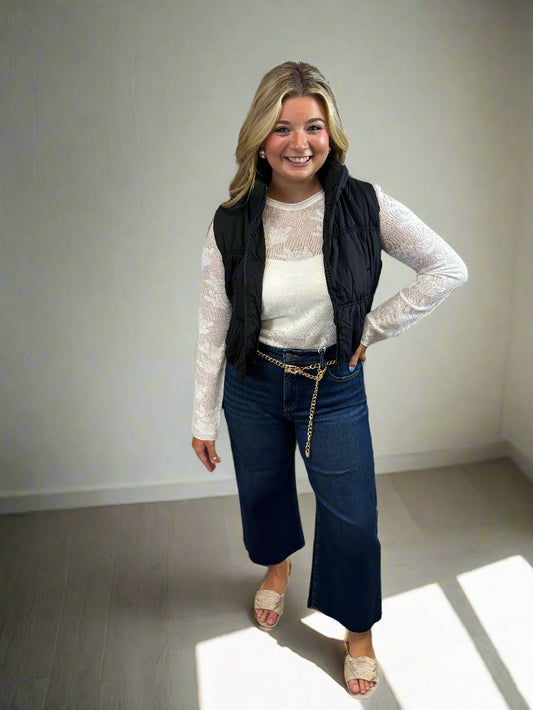 Black Zip Up Crop Puffer Vest - Jolie Femme Boutique