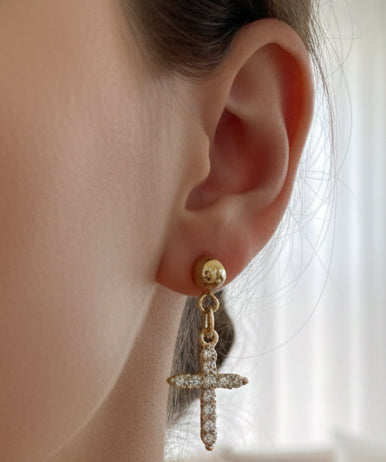 Waterproof Rhinestone Drop Cross Earring