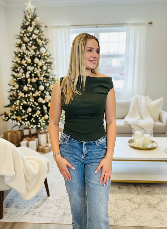 Forest Green Asymmetrical Neck Top