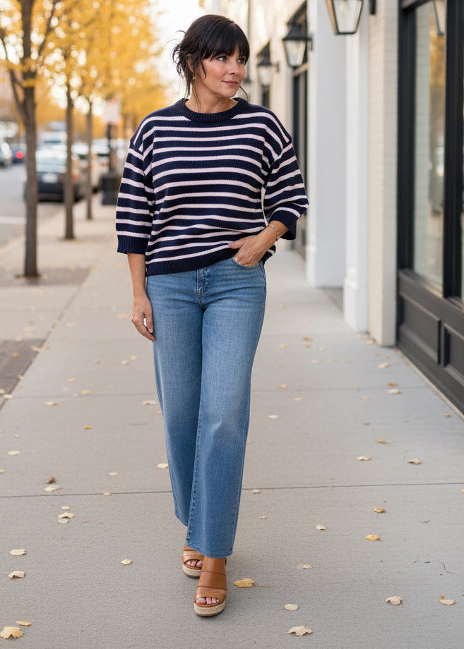 Navy Striped Crewneck 3/4 Sleeve Sweater