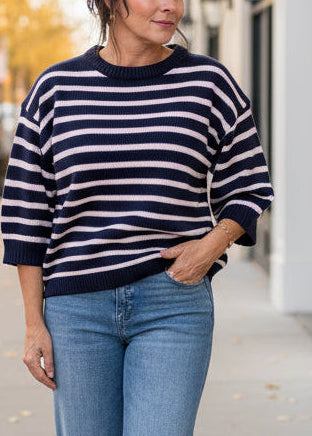 Navy Striped Crewneck 3/4 Sleeve Sweater