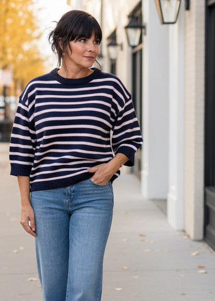 Navy Striped Crewneck 3/4 Sleeve Sweater