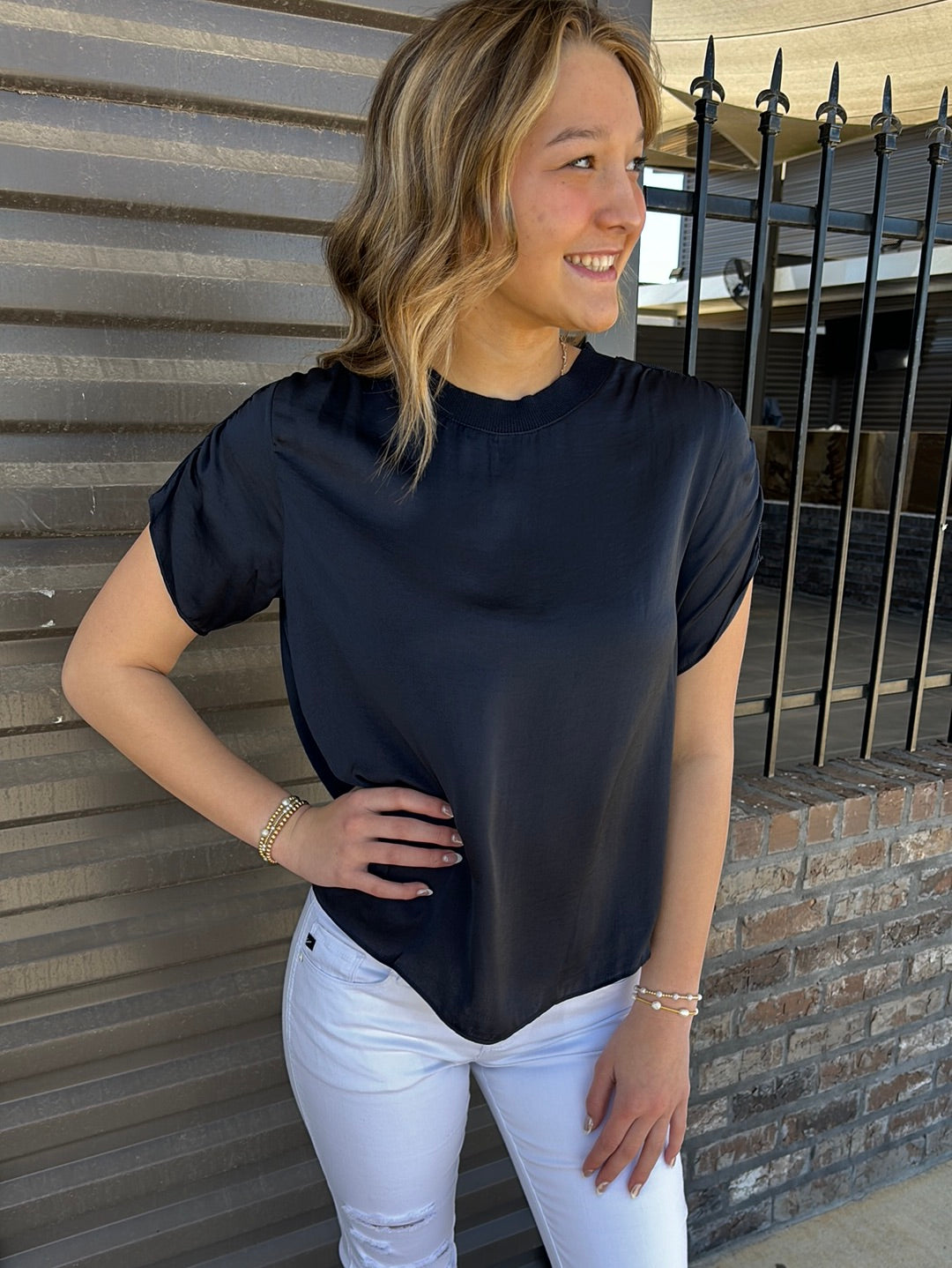 RUCHED SHORT SLEEVE SATIN TOP MIDNIGHT - Jolie Femme Boutique