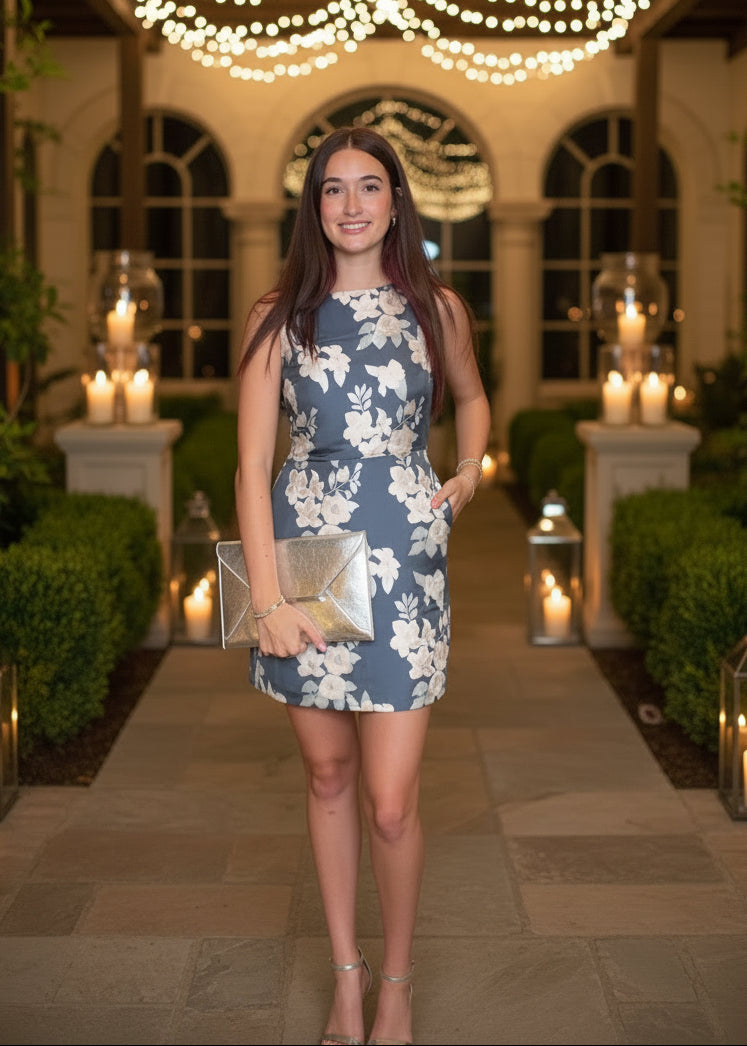 Navy & Silver Floral Jacquard Midi Dress