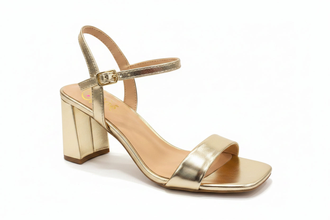Shiny Gold Block Heel Sandals