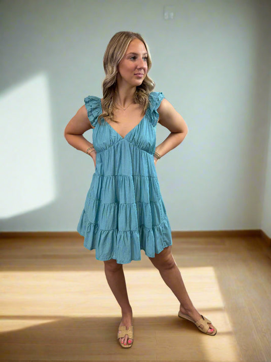 Dark Mint V-Neck Tiered Babydoll Dress