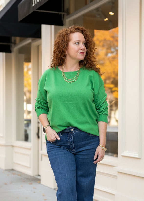 Green Crew Neck Lightweight Sweater