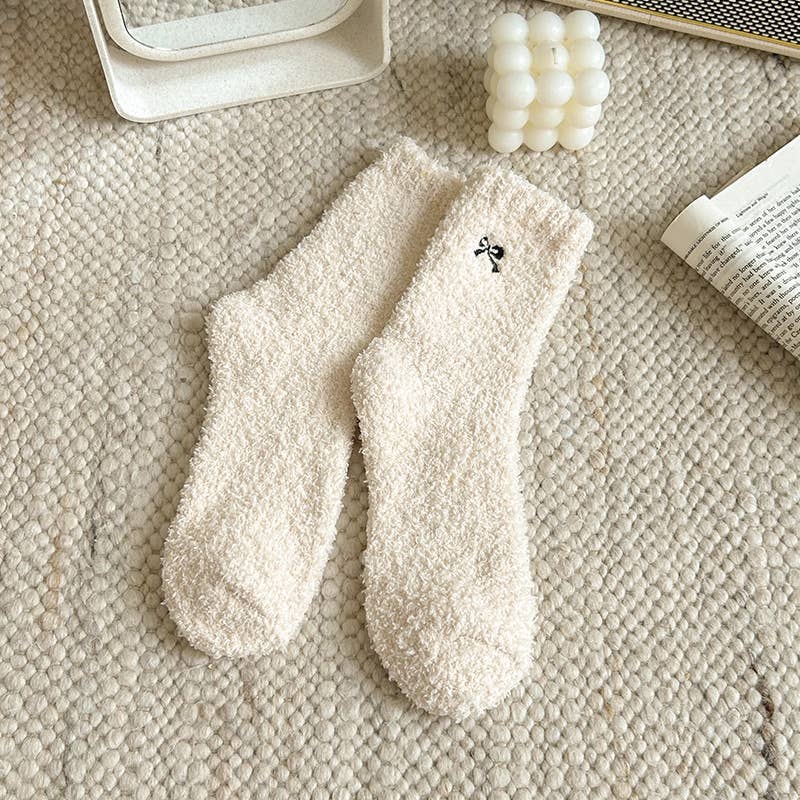 MKS America - Fluffy Bow Ribbon Coral Fleece Socks - BlueGrey / M - Jolie Femme Boutique