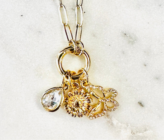 Gold Rhinestone Butterfly Charm Necklace