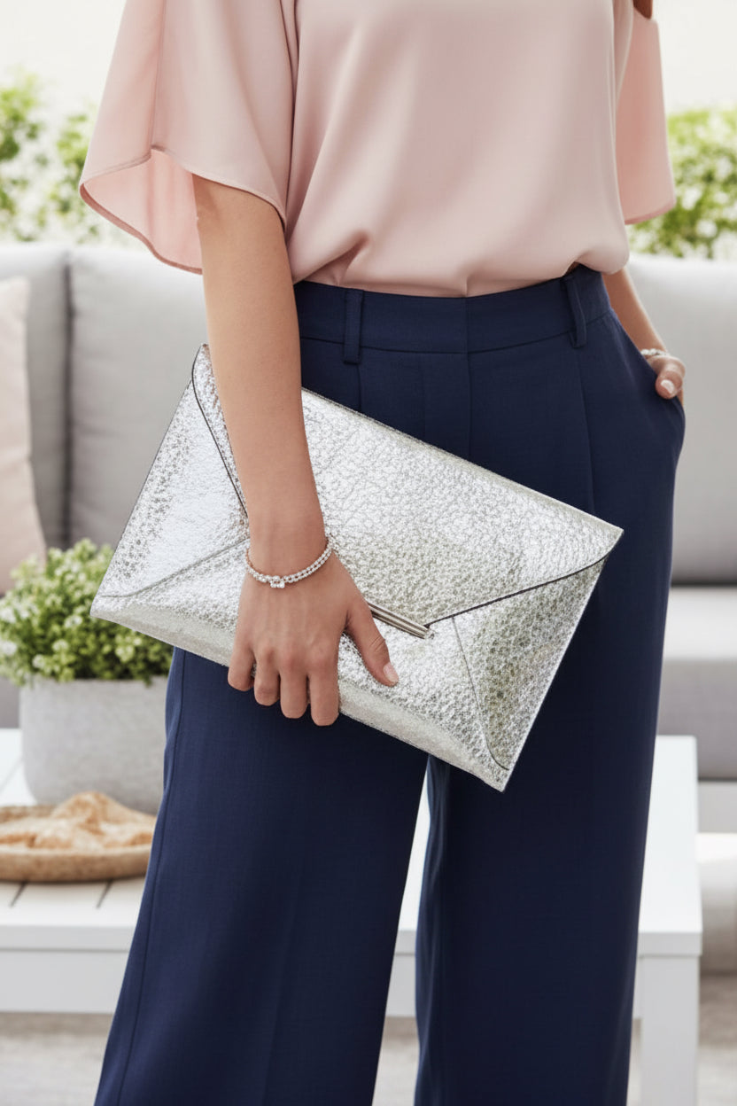 Crushed Metallic Silver Envelope Clutch - Jolie Femme Boutique