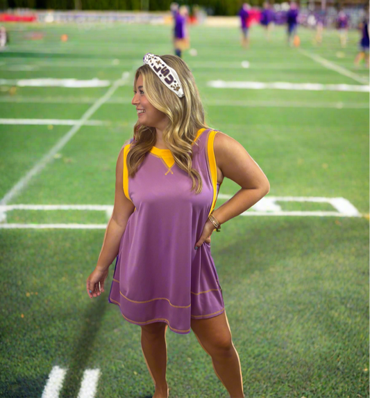 A-Line Purple & Gold Gameday Dress - Jolie Femme Boutique