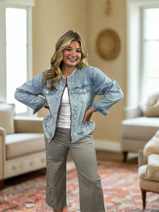 Raw Edge Neckline Vintage Denim Jacket - Jolie Femme Boutique