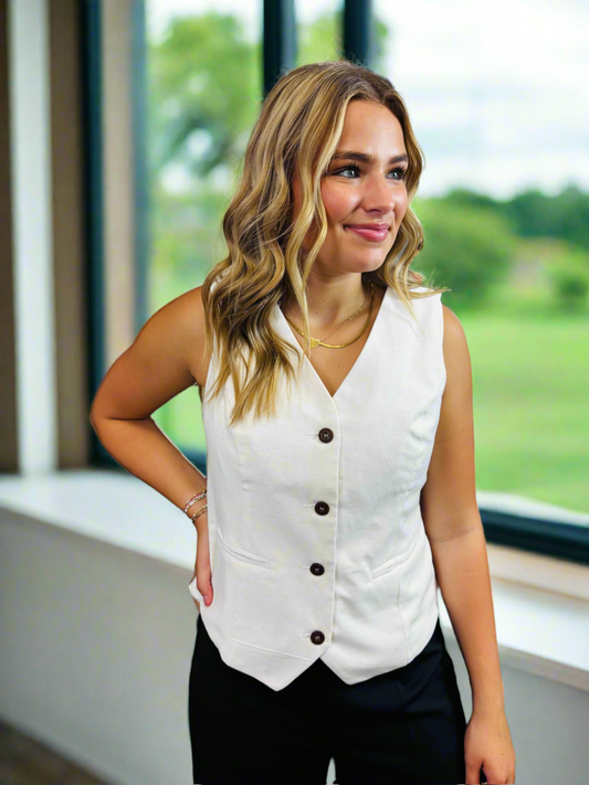 Cream Button Down Vest - Jolie Femme Boutique