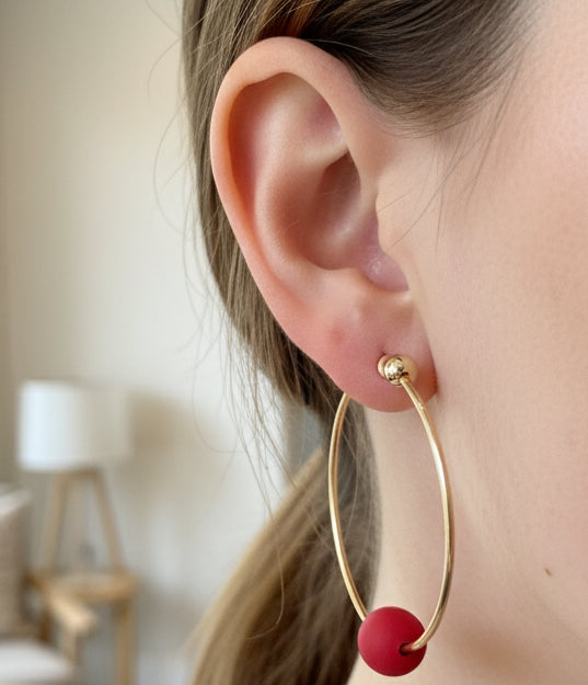 Gold Hoop W/Red Beaded Earring