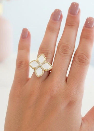Mother of Pearl Flower CZ Ring