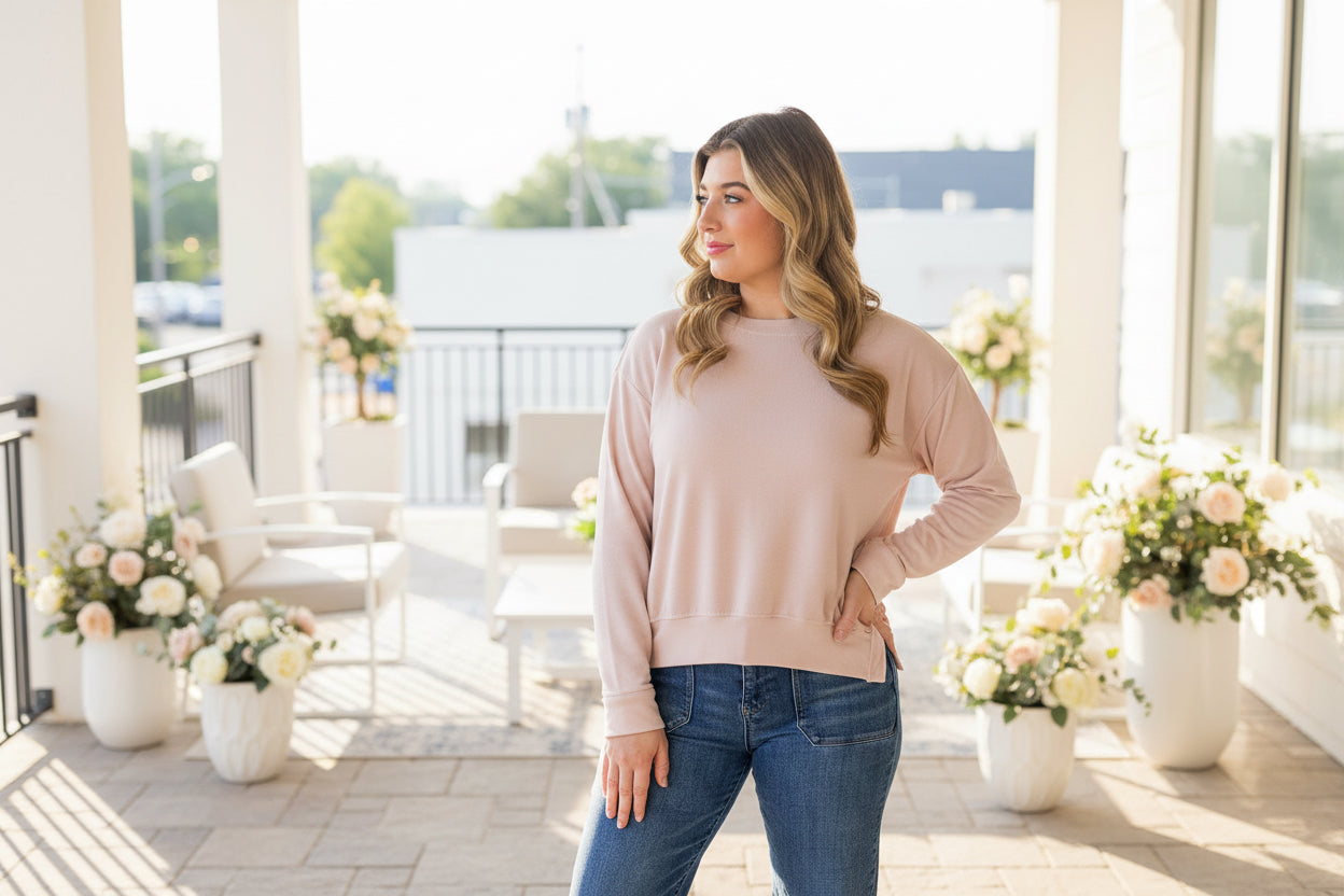 Soft Pink Asymmetric Hem Long Sleeve Top
