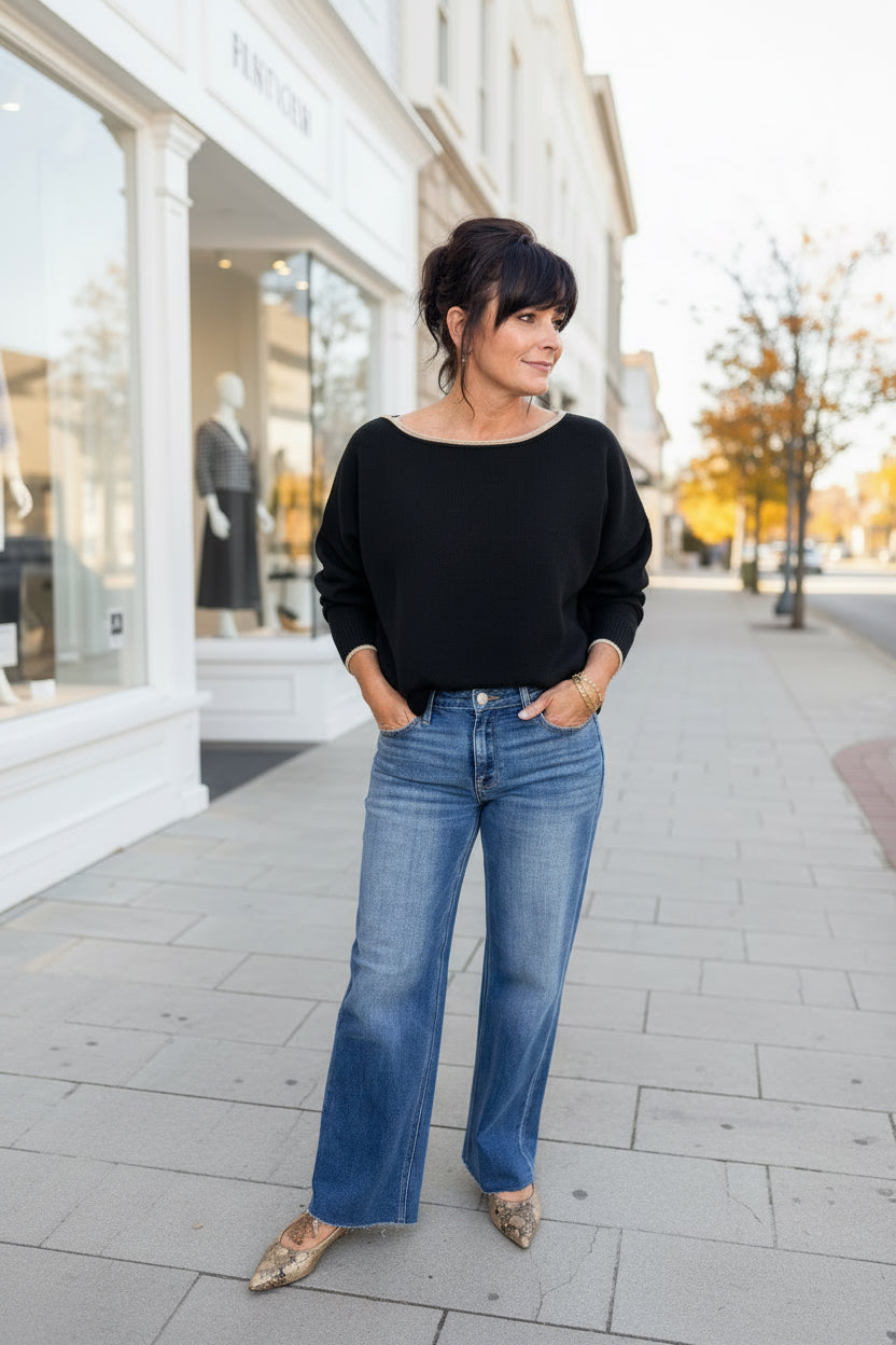 Black Contrast Trim Boat Neck Sweater