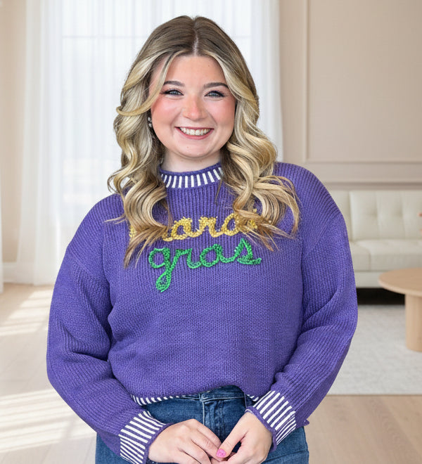 Mardi Gras Tinsel Lettering Sweater Top