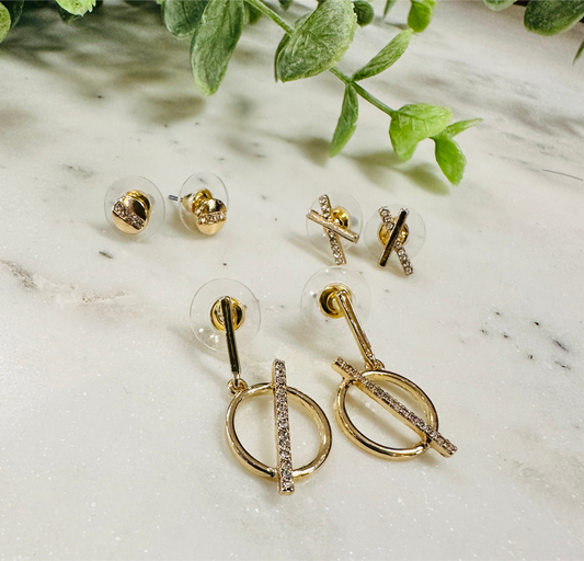 Gold Rhinestone Trio Earrings