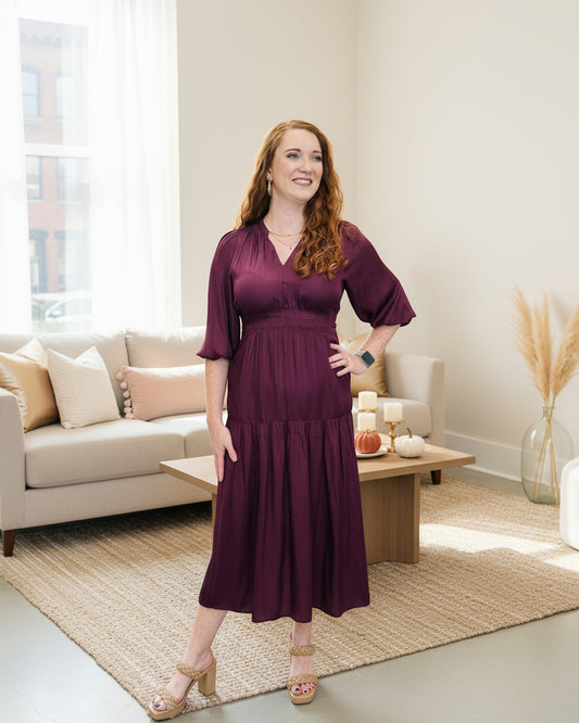 Wine Quarter Sleeve Satin Midi Dress