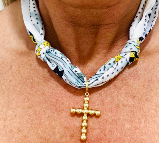 Pink, Navy and White Scarf with Bubble Cross Necklace