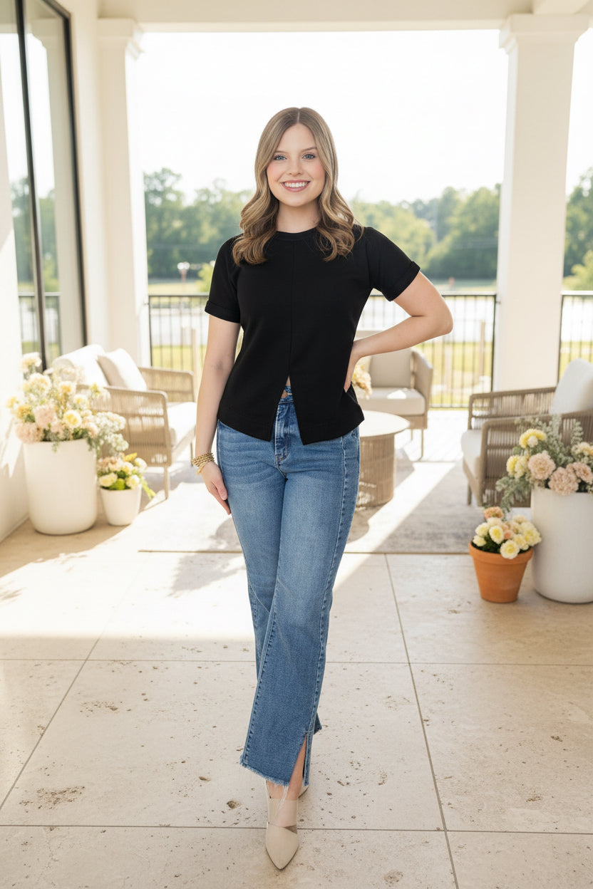 Black Front Slit Top - Jolie Femme Boutique