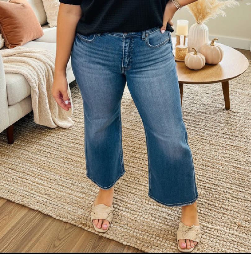 Tummy Control Mid Rise Cropped Wide Leg Jean