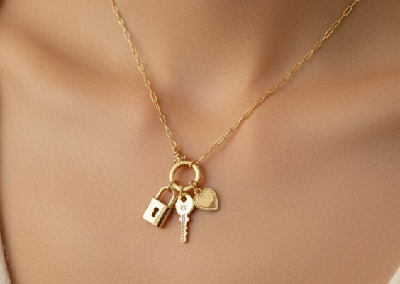 Gold Chain W/ Lock, Key, And Heart Charm