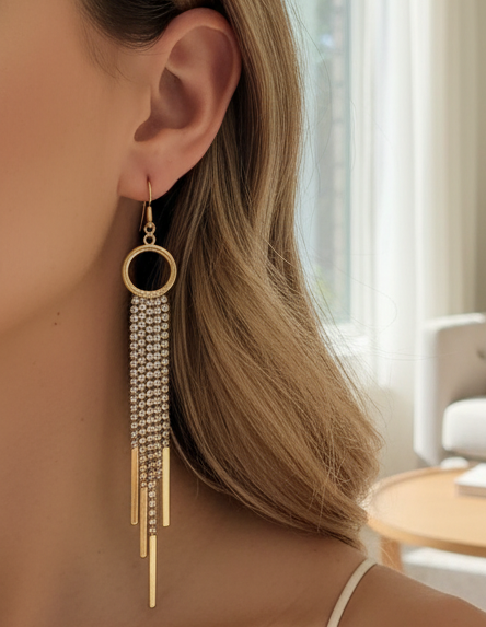 Gold Rhinestone Chain Tassel Earing - Jolie Femme Boutique