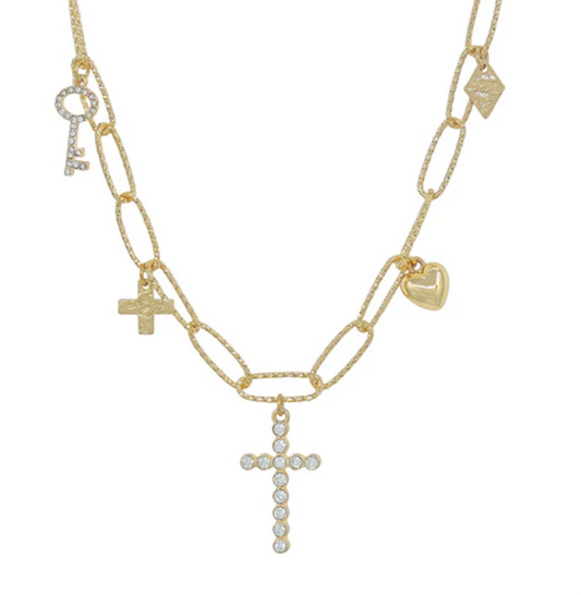 gold Chain w/ Rhinestone Cross, Bow, and Key Charm - Jolie Femme Boutique