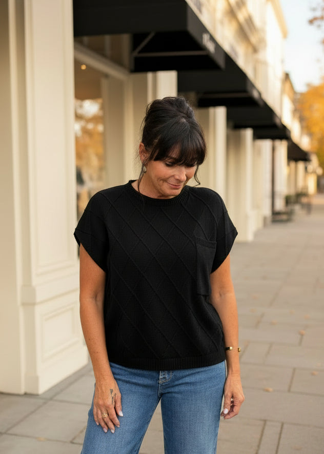 Textured Black Cap Sleeve Top