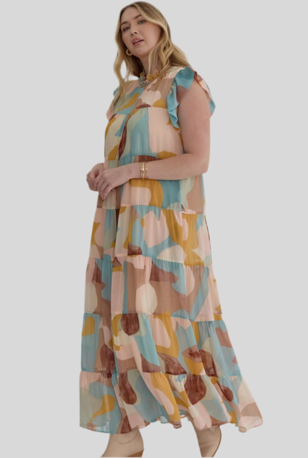 Plus Size Printed Tiered Sleeves Maxi Dress