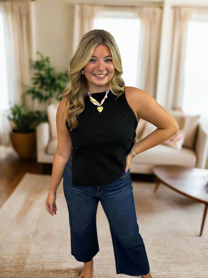 Black Sleeveless Top With Asymmetrical Hemline - Jolie Femme Boutique
