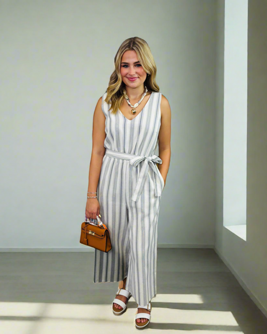 Stripe V-Neck Sleeveless Jumpsuit - Jolie Femme Boutique