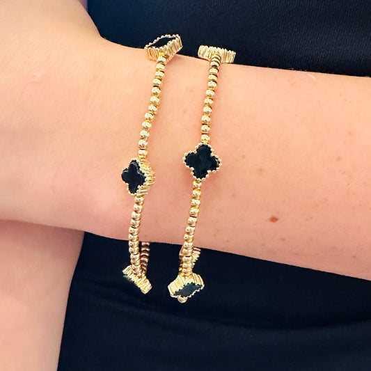 Black Clover & Gold Beaded Stretch Bracelet
