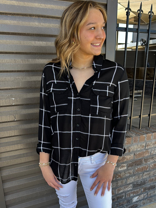 GRID BUTTON UP BLK/ WHT - Jolie Femme Boutique