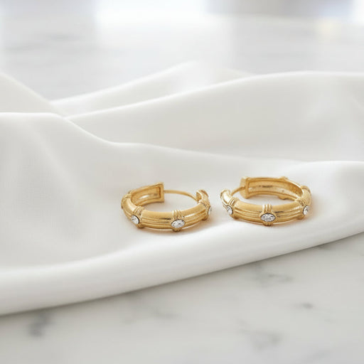 Gold Hammered Hoop with Clear Crystal