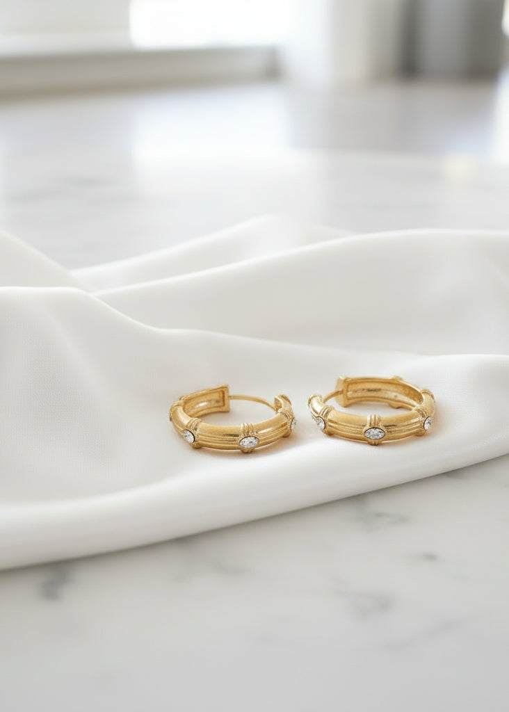 Gold Hammered Hoop with Clear Crystal