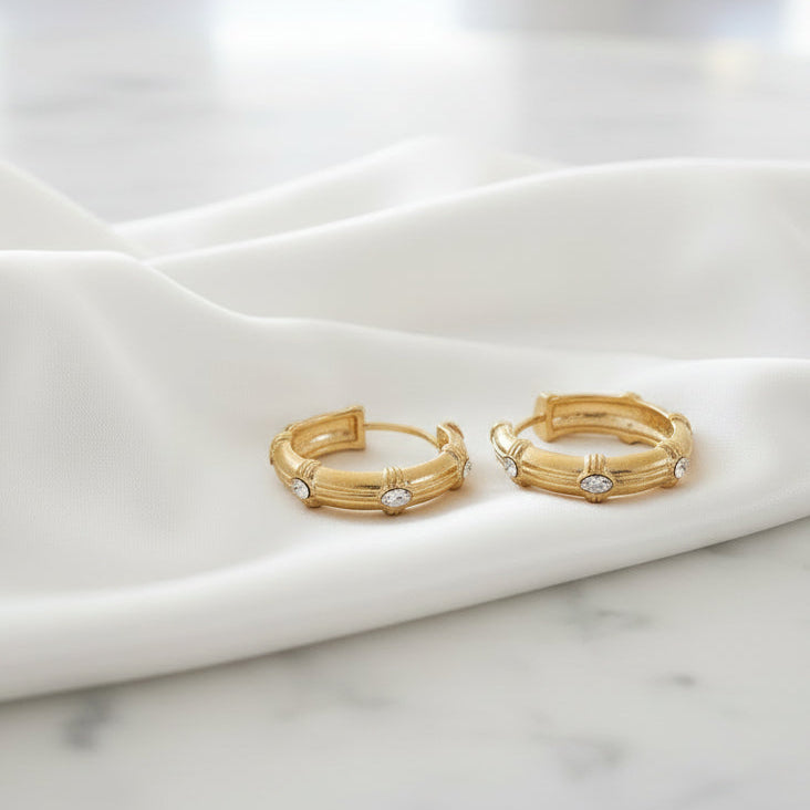 Gold Hammered Hoop with Clear Crystal