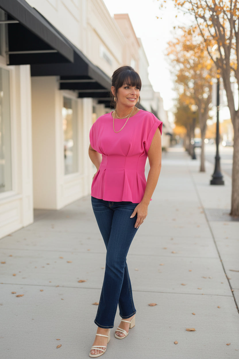 Pink Round NeckLine With Pleated Waist Top - Jolie Femme Boutique