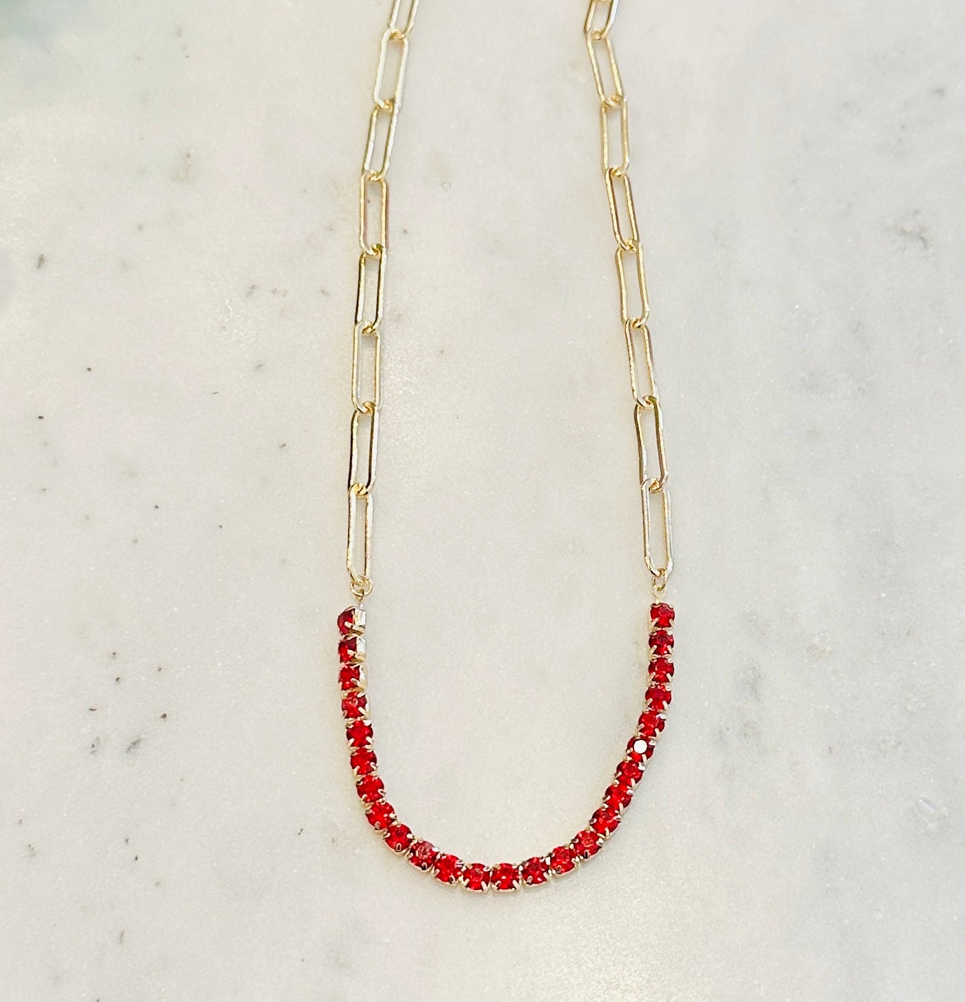 Gold Paperclip Chain With Red Stones