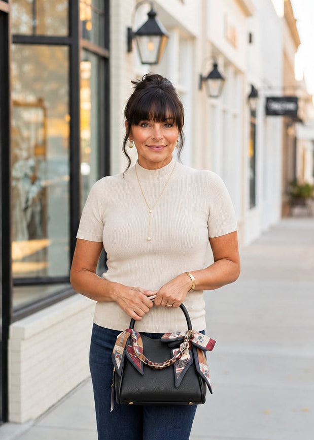Beige Ribbed Mock Neck Top