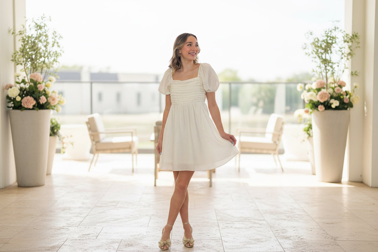 Off White Pleated Bodice Mini Dress - Jolie Femme Boutique