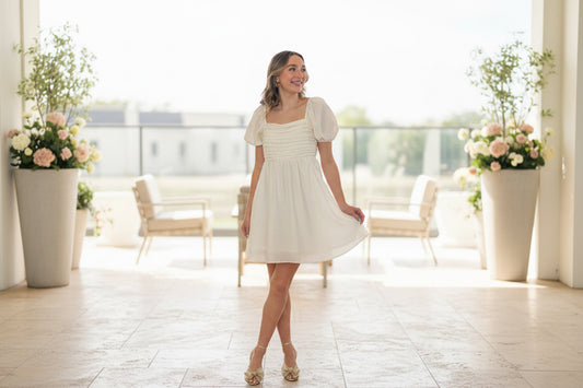 Off White Pleated Bodice Mini Dress