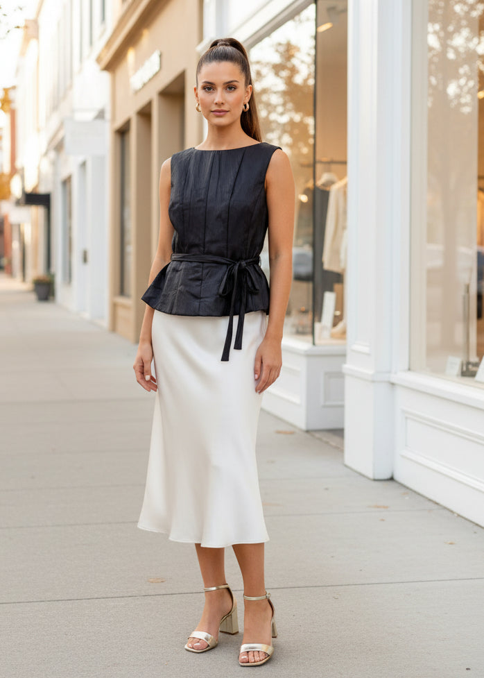 Dark Brown Faux Leather Belted Peplum Top