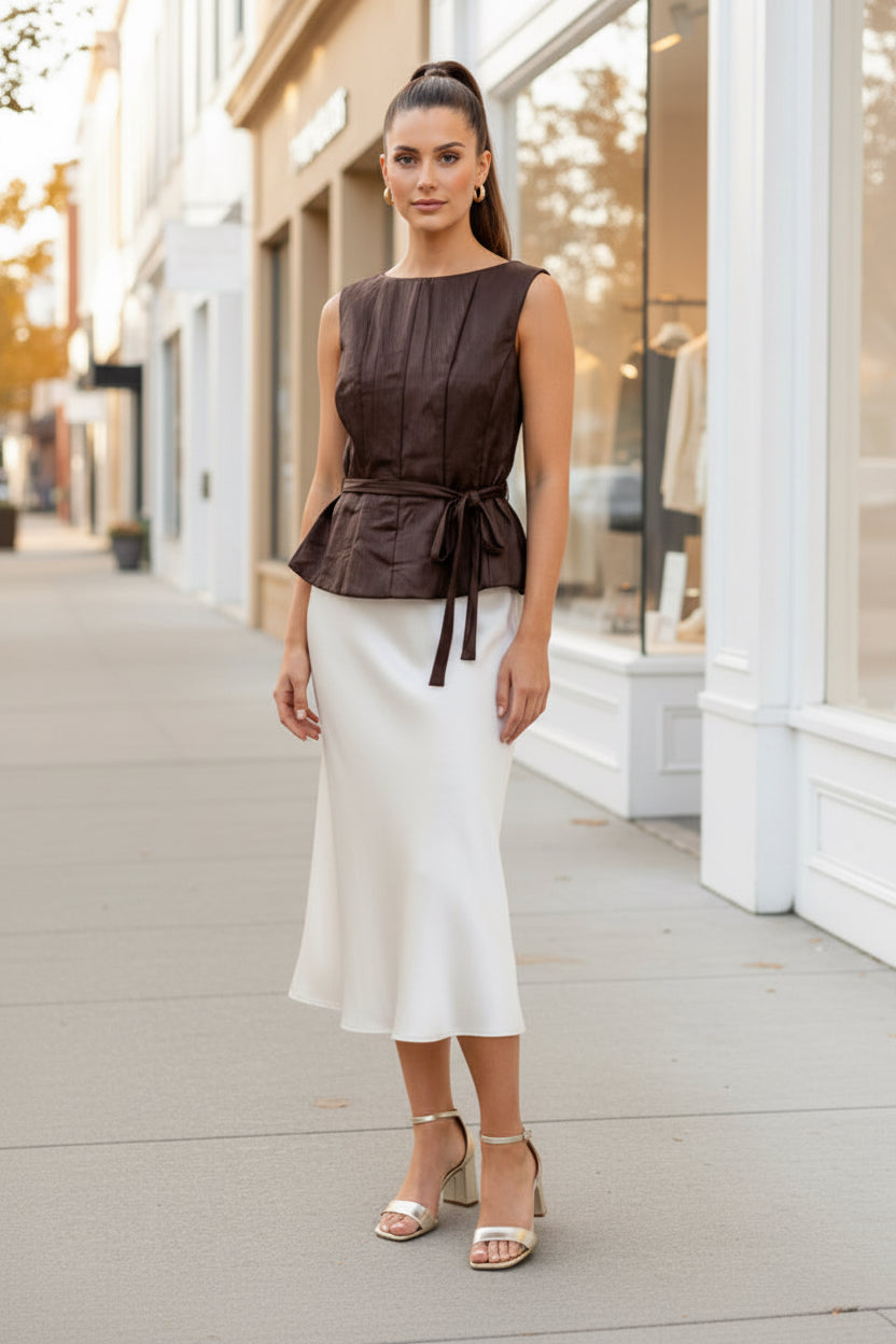 Dark Brown Faux Leather Belted Peplum Top