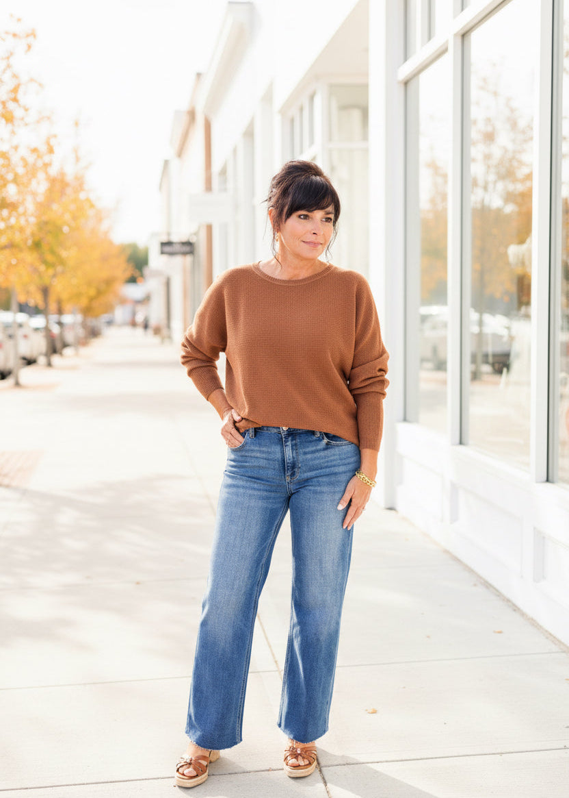 Camel Waffle Knit Dolman Sleeve Top
